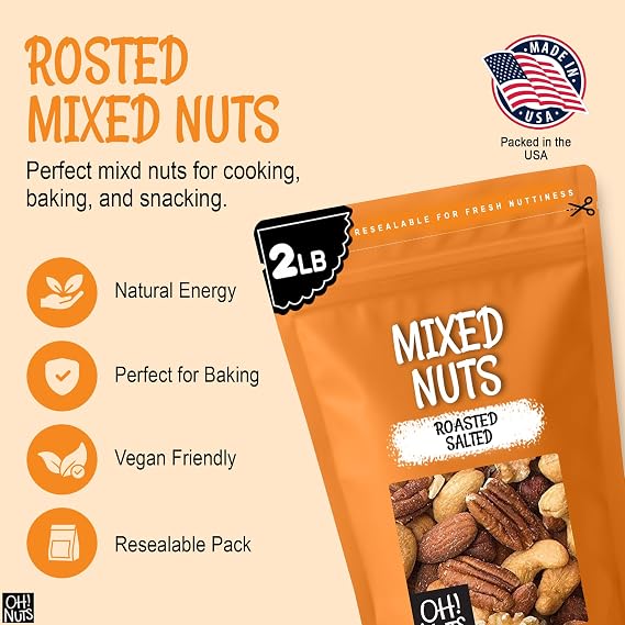 Oh! Nuts Mixed Nuts Roasted Salted - 2 lb - Salted Mixed Nuts - Cashews, Walnuts, Hazelnuts, Almonds - Fresh Zip-Seal Bag