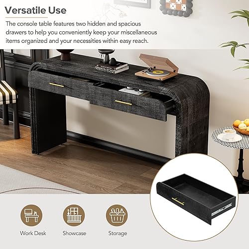 Miniatura 7 de Mesa consola moderna de mediados de siglo de 59 pulgadas con cajones, chapa de abeto sólido y mesa de sofá de entrada de MDF, borde redondeado para