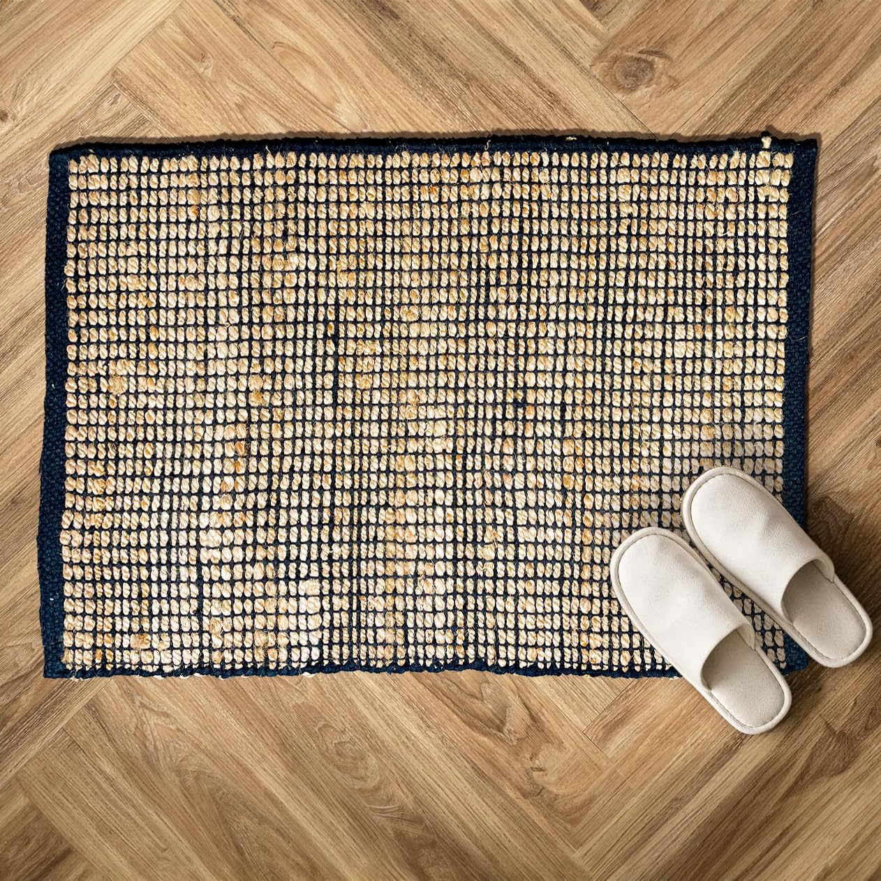 Chardin home 2x3 Jute Cotton Hand Woven Rug | Braided Doormat, Boho, Rustic, Natural Jute/Black | Farmhouse Vintage Area Rugs for Bedroom, Living Room, Kitchen, and entryways