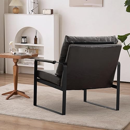 Miniatura 5 de COOSLEEP - Silla decorativa moderna de cuero, sillón tapizado cómodo con marco de metal, cómodo cojín y respaldo con piel sintética para sala de