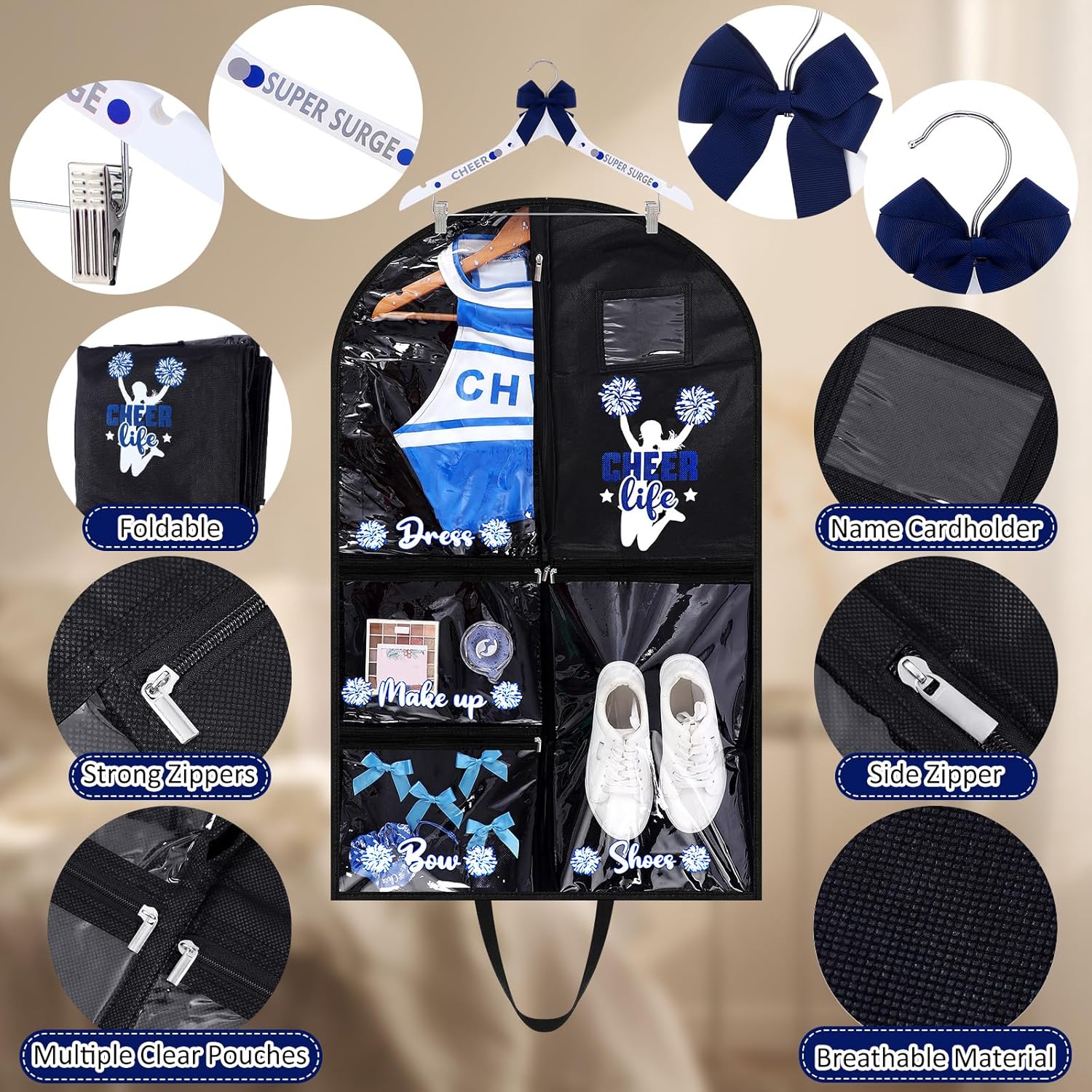 Cheer Garment Bags for Dance Costumes with 6 Pockets, Bow Hangers, Cheer Sticker, 40 Inch Dance Costume Garment Bag, Hanging Clothes for Competitions, Ballet, Theatre, Recital, Storage - Image 2