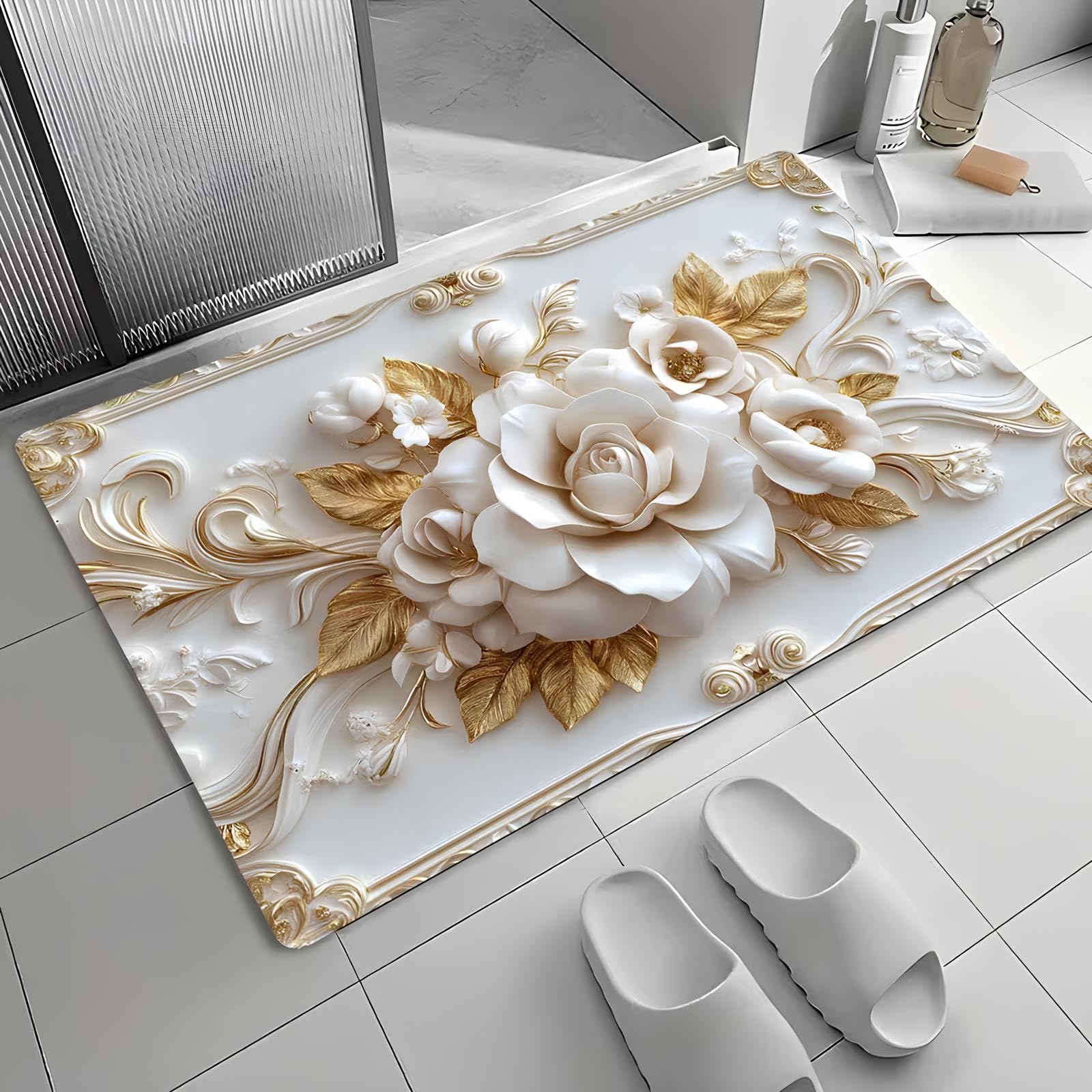 Krosen Non-Slip 3D Floral Bath Mat, Bathroom Door Mats, 3D Patterned Anti Slip Water Soaking Floor Mat, Anti-Slip Water Absorbent Soft Floor Mat for Bathroom Sink Door Home & Office