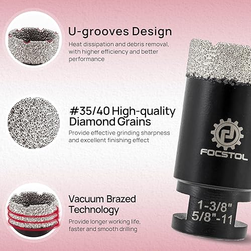 Miniatura 3 de FOCSTOL Broca con núcleo de diamante, sierra de diamante soldada al vacío de 1-38 pulgadas para azulejos de cerámica, cerámica, mármol, granito,