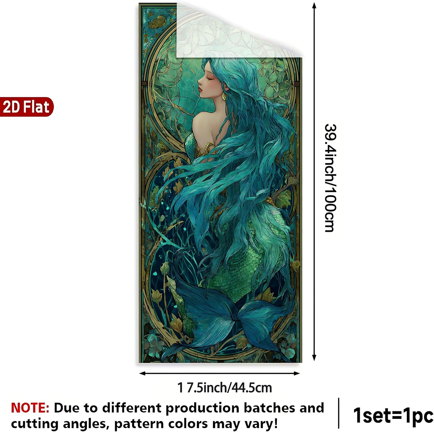 Window Privacy Film 17.5x39.4 inch Mermaid, Decorative Static Cling Window Film, Removable Stained Glass Decal for Bathroom Bedroom Home Decor
