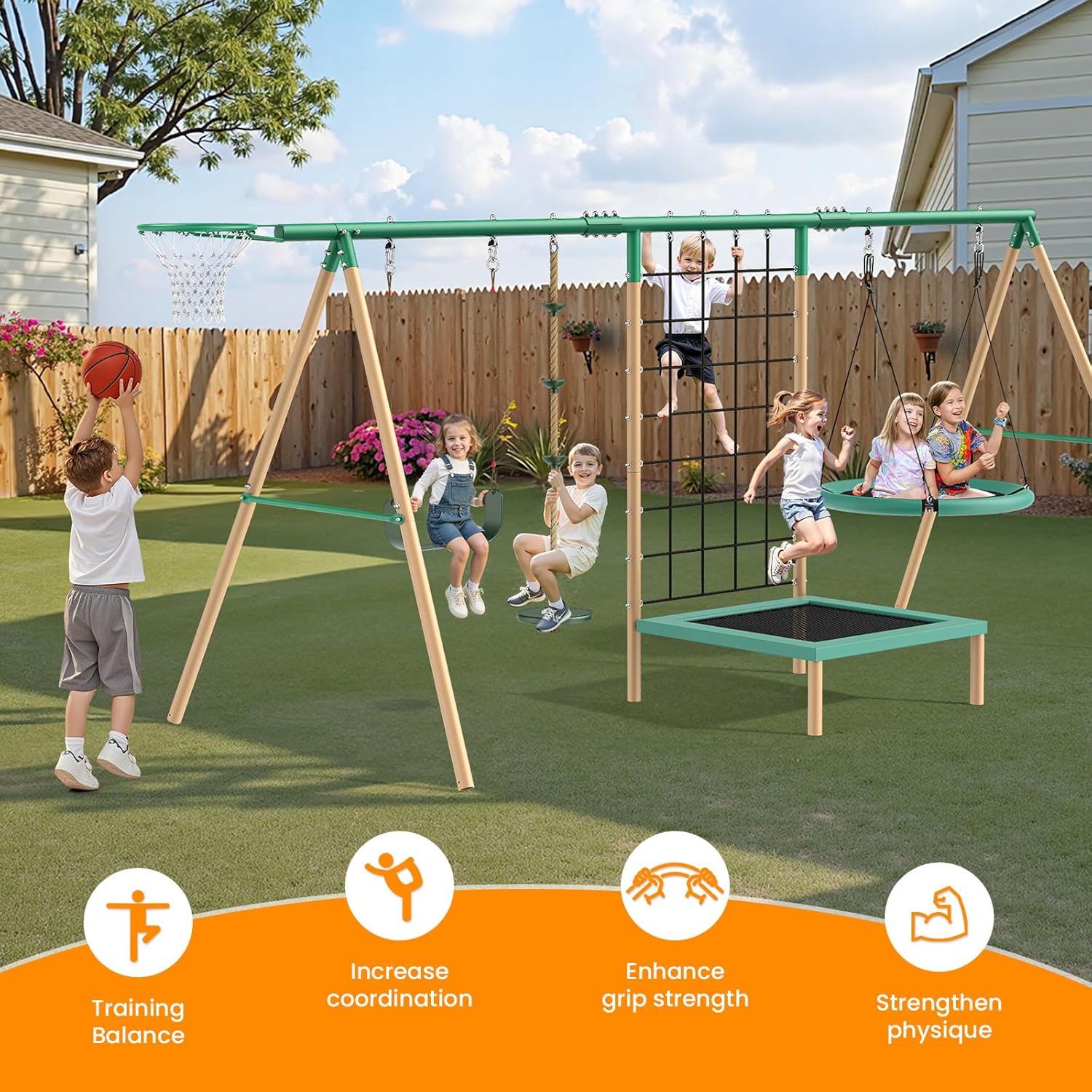 Teekyooly Rope Swing for Tree, Climbing Rope for Kids for Outside with Platform Carabiners and Strap Outdoor, Playground Accessories, Green