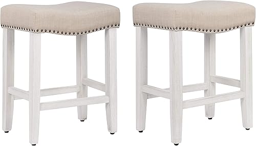 WO Home Furniture - Taburete de mostrador de 24 pulgadas, 2 piezas, taburete tapizado sin espalda con patas blancas antiguas de madera para cocina