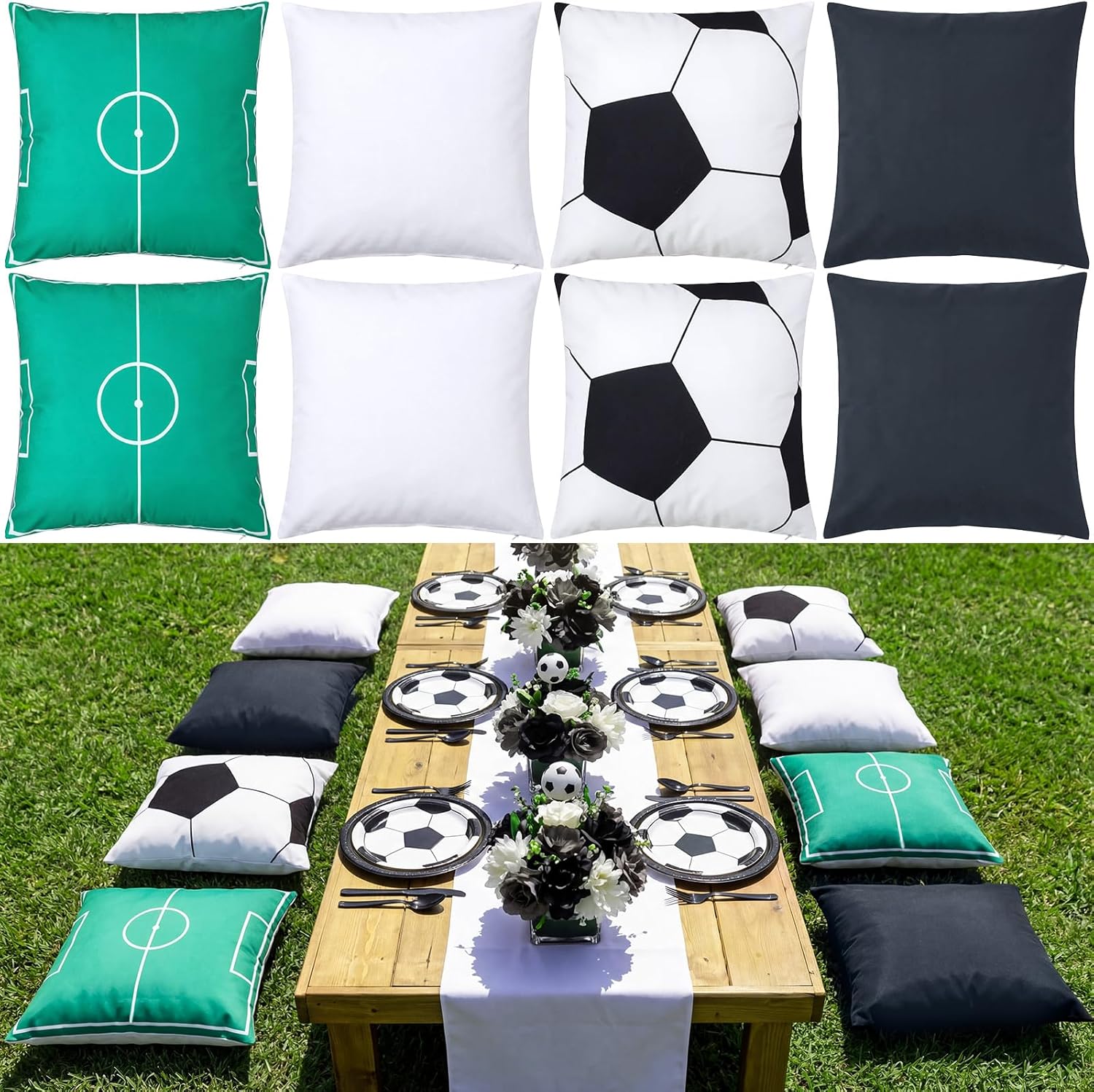 Yuntau 8 Pack Sports Picnic Pillow Covers, 18 x 18 Inch Soccer Theme Throw Pillow Cases, Polyester Sports Party Decor for Classroom Outdoor Backyard Birthday Party Game Day Room Sofa Couch Decor