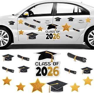 14 Pieces Graduation Car Reflective Magnets Class of 2026 Waterproof Car Magnets Graduation Cap Cartoon Magnetic Magnet Bumper Sticker for Cars and Metal Surface Fridge Garage Mailbox