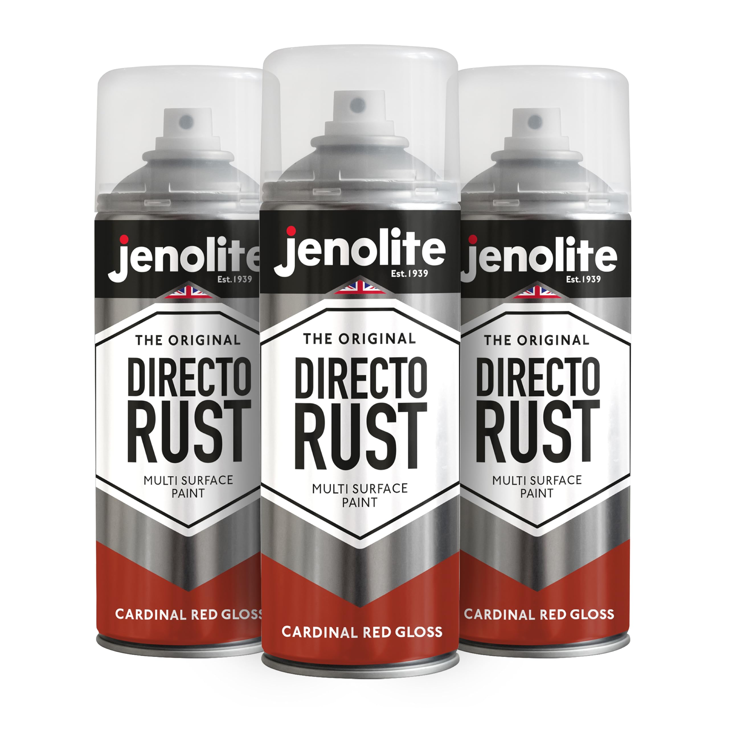 Jenolite Cardinal Red Directorust Gloss Spray Paint | | 3 X 400Ml | Direct To Rust Spray Paint For Metal | Multi Surface Gloss Aerosol For Wood, Metal, Plastic, Ceramic | Ral 3001