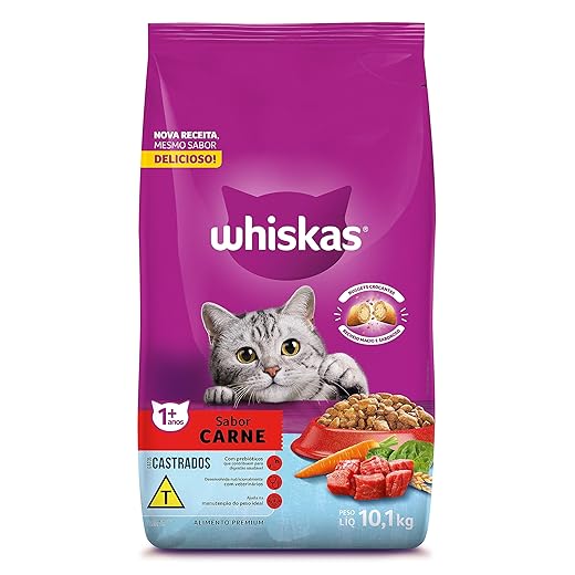 whiskas, Ração Whiskas Para Gatos Adultos Castrados Sabor Carne - 10.1Kg