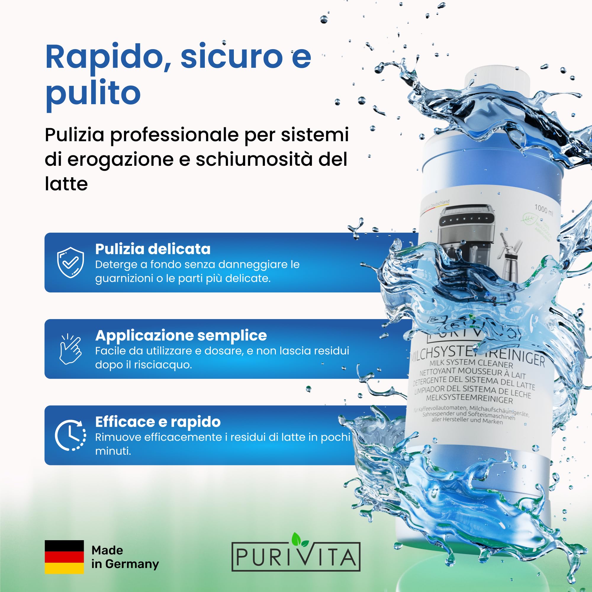 PURIVITA® Pulitore del Sistema del Latte per Macchine da Caffè [3x 1000 ML] - Detergente per Systema del Latte - Sistema Pulizia Latte per De Longhi, Jura, Krups, Nespresso & Philips