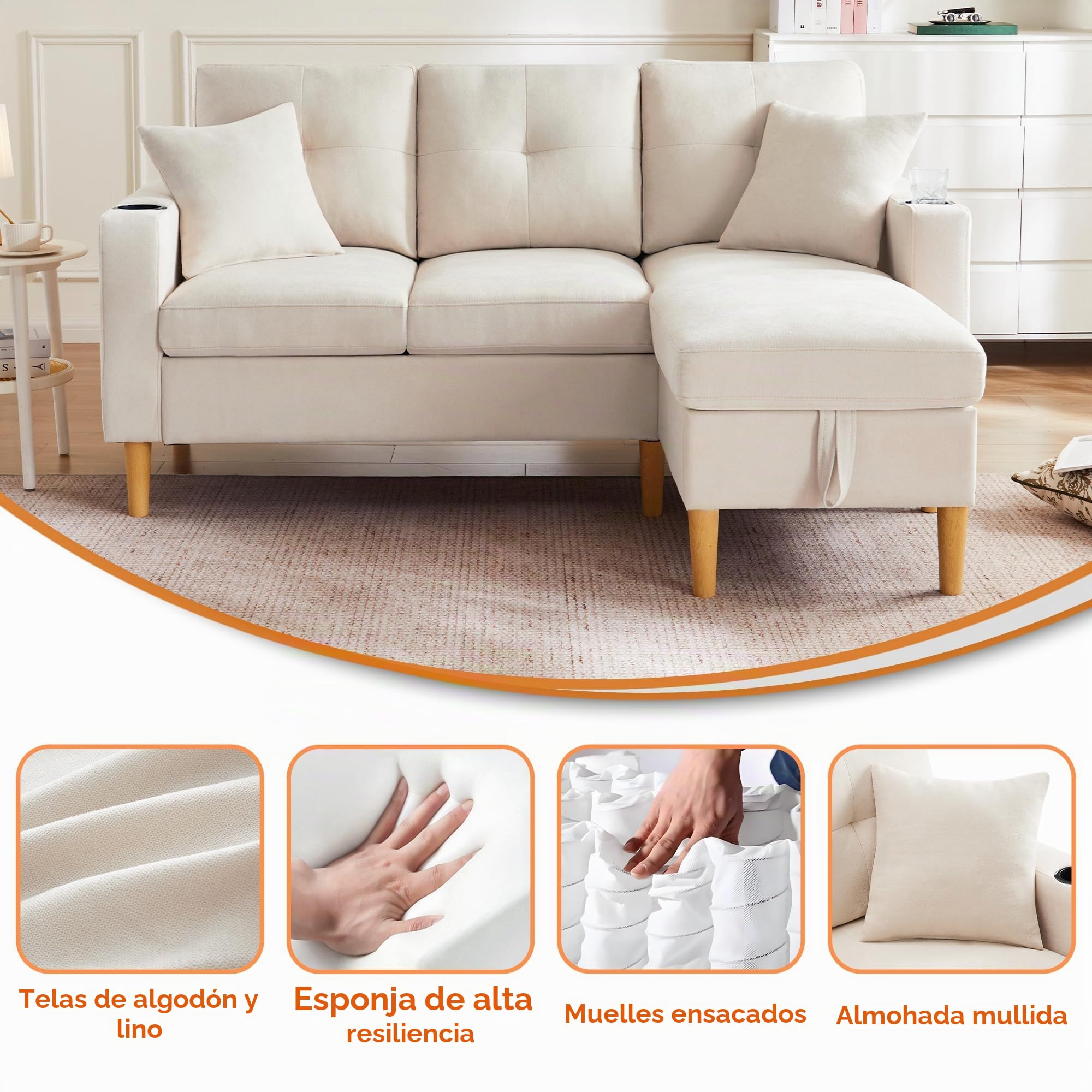 Idemon Sofá en forma de L de 3 plazas con chaise longue y espacio de almacenamiento, moderno sofá de salón con soporte para bebidas, 2 cojines y caja de asiento (175 cm, algodón y lino) (beige)