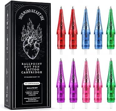 Inlumino Heart Ink Ballpoint Pen Dot Pen Tattoo Cartridge for Tattoo Practice Paper 10 0.5mm Tattoo Cartridge for Beginners Learn to Tattoos - 2 Pink, 2 Red, 2 Purple, 2 Blue, 2 Green