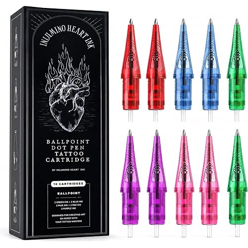 Inlumino Heart Ink Ballpoint Dot Pen Tattoo Cartridges for Tattoo Practice on Paper. 10 0.5mm Tattoo Cartridges for Beginners to Learn How to Tattoo - 2 Pink, 2 Red, 2 Purple, 2 Blue & 2 Green