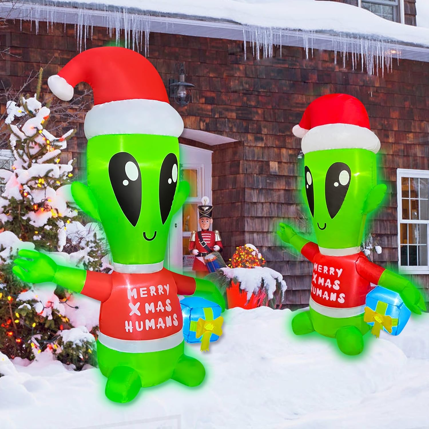 4 FT Christmas Inflatables Alien with Gift Box Decorations LED Lighted Xmas Christmas Blow up Yard Decorations for Party Indoor Outdoor Garden Decor