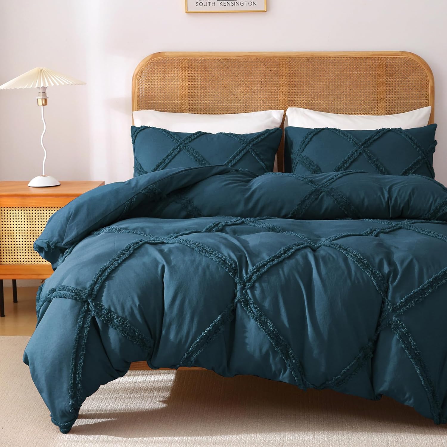 MILDLY Boho Duvet Cover Peacock Blue Tufted Geometric