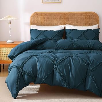 MILDLY Boho Duvet Cover Peacock Blue - Tufted Geometric Textured King Size Comforter Cover Set with Corner Ties & Zipper Closure