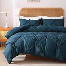 MILDLY Boho Duvet Cover Peacock Blue - Tufted Geometric Textured Full Size Comforter Cover Set with Corner Ties & Zipper Closure