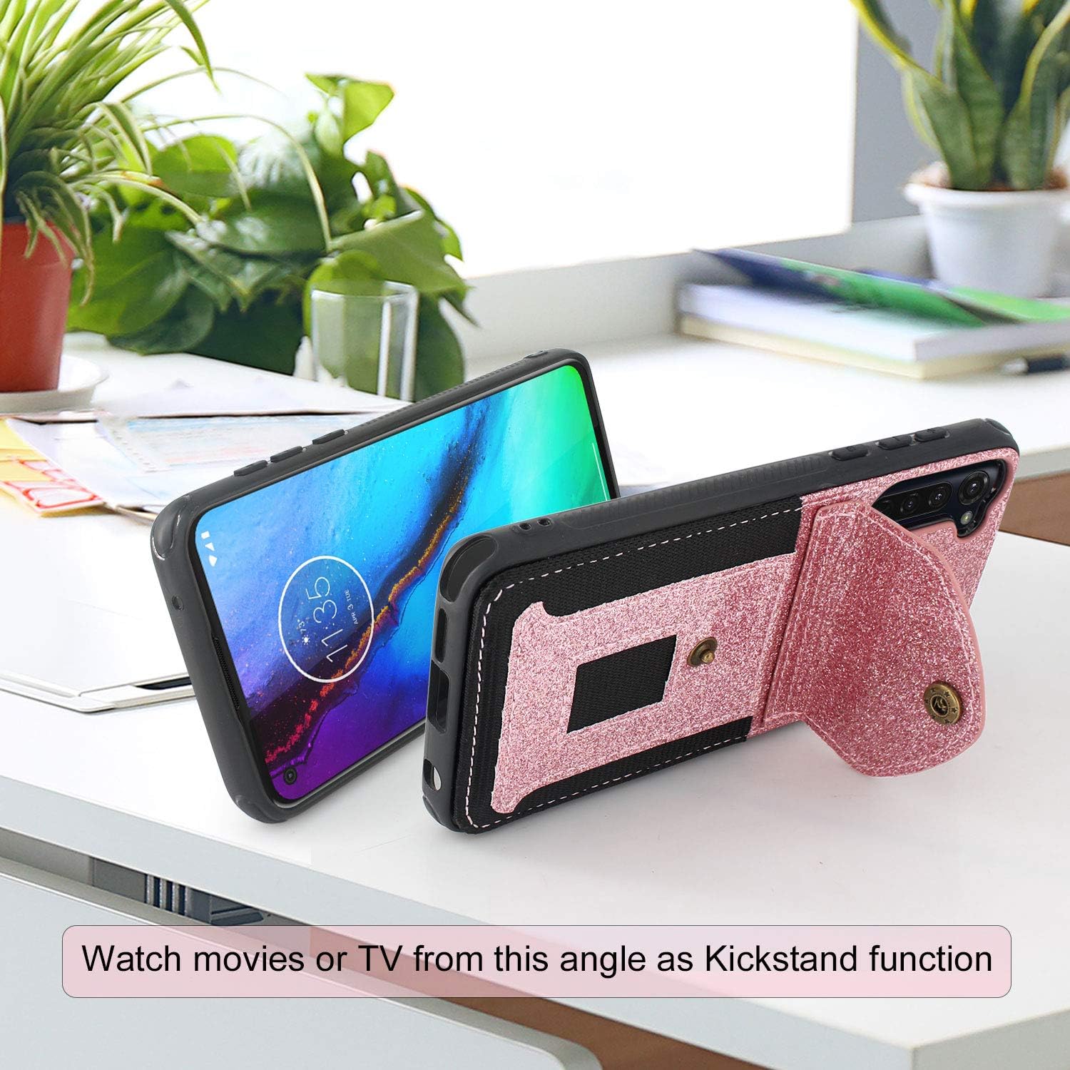 Lacass Slim Leather Wallet Case Protective Cover with Elastic Pocket Credit Card Slot Holder for Motorola Moto G Stylus/Moto G Pro 2020 Case (Bling Rose Gold)