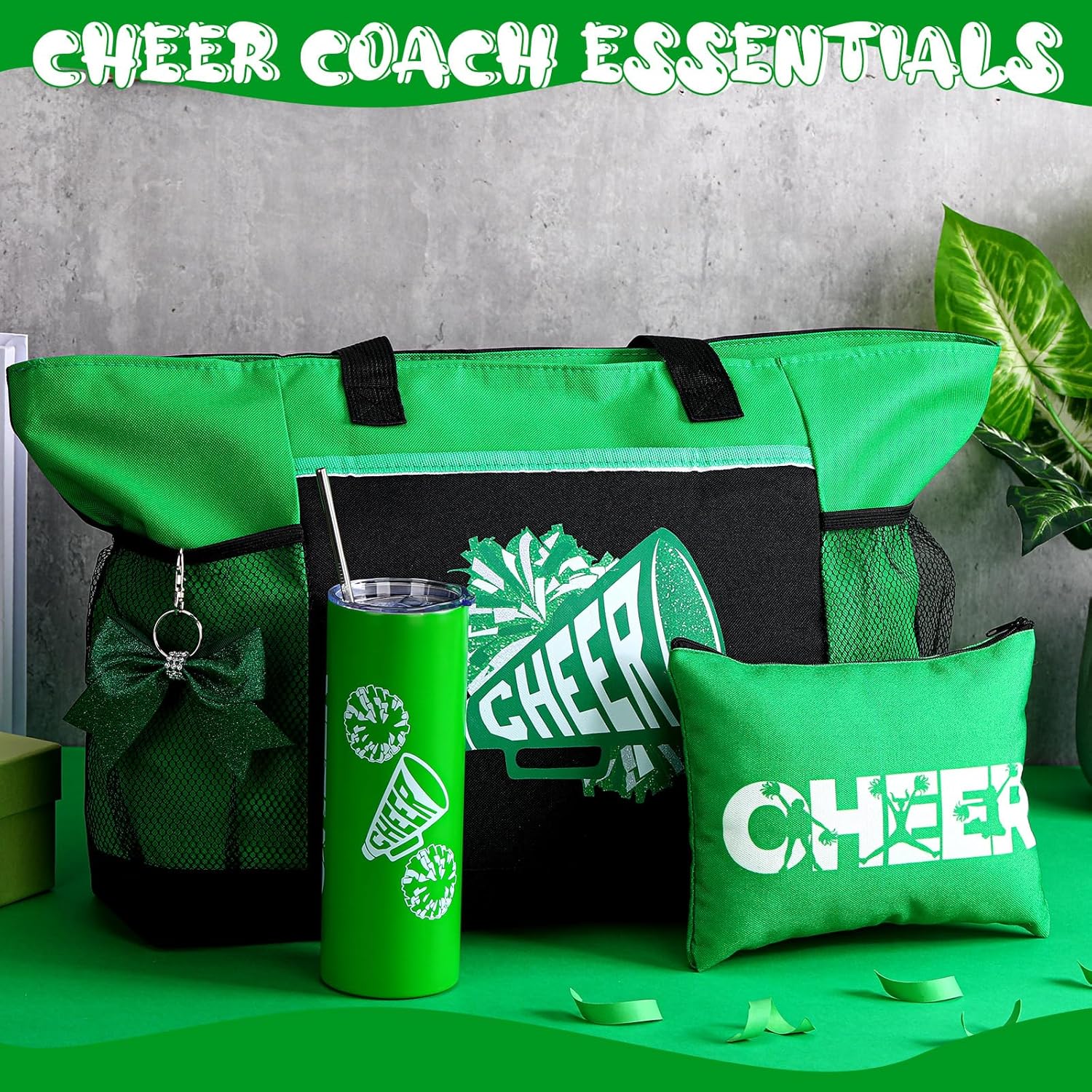 Patelai 4 Pcs Cheerleader Gifts Set Cheer Tote Bag 20 oz Tumbler Women Makeup Bag Keychain Stuff Accessories for Cheerleader