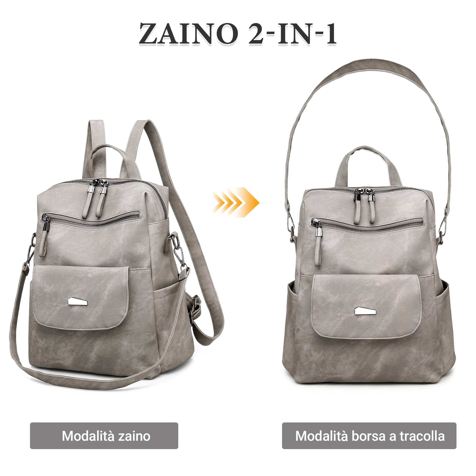 DIRRONA Zaino da Donna Casuale Zaino Donna Alta Capacità Borse a Tracolla Pelle PU Antifurto Impermeabile Daypack Scuola Viaggio Lavoro Borsa Grigio