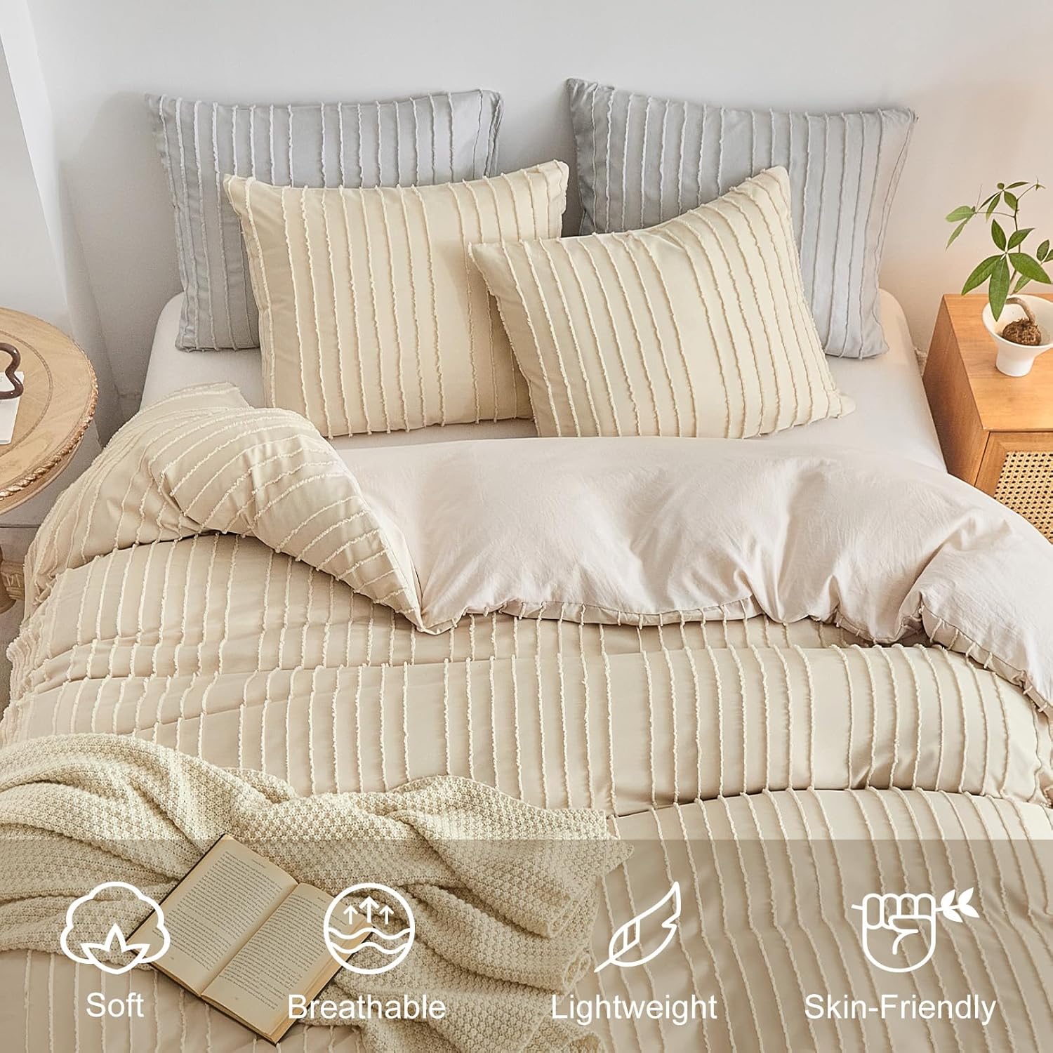 WARMDERN Khaki Boho Duvet Cover Set Queen Size, Striped Textured Tufted Bedding Set, 3 Piece Soft Washed Microfiber Duvet Cover with Zipper Closure (Khaki)