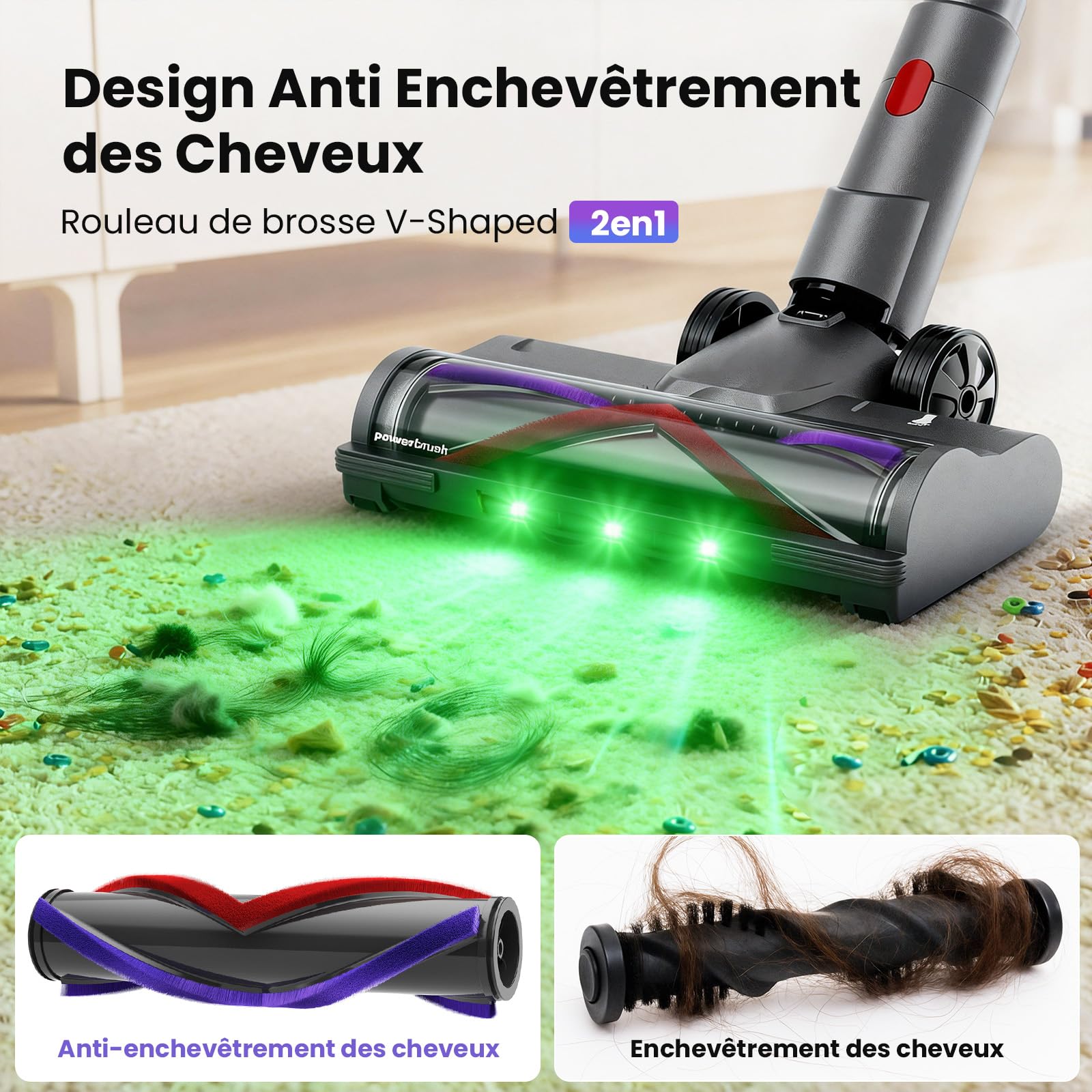 Aspirateur Balai sans Fil 600W/58000Pa/75min, Aspirateur sans Fil Puissant avec Écran LED Intelligent, Brosse Anti-emmêlement, Station de Charge, pour Tapis, Sols Durs, Poils d'animaux