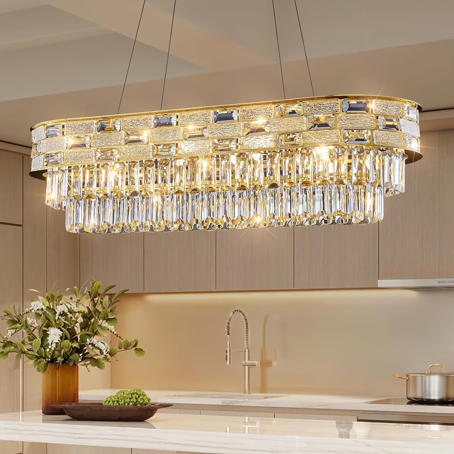 Large Oval K9 Crystal Chandelier - Luxury Modern 3 Tier Linear Crystals Chandeliers - 15 Lights Brushed Gold Pendant Light Fixture for Dining Room Kitchen Island Entryway Bar Living Room - L34.3 Inch