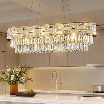 Large Oval K9 Crystal Chandelier - Luxury Modern 3 Tier Linear Crystals Chandeliers - 15 Lights Brushed Gold Pendant Light Fixture for Dining Room Kitchen Island Entryway Bar Living Room - L34.3 Inch