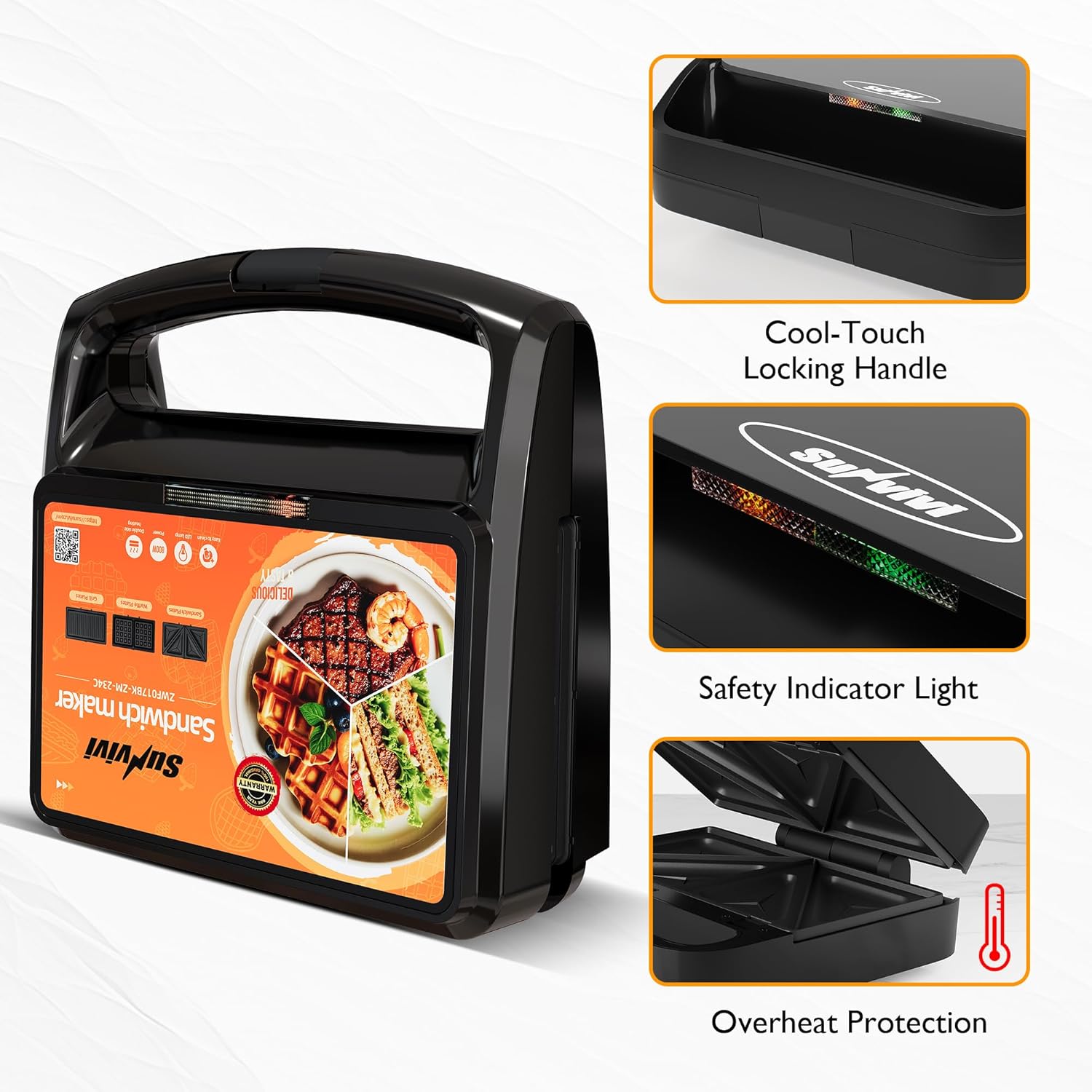 Close-up images showing the cool-touch locking handle, safety indicator light, and overheat protection feature of the SUNVIVI sandwich maker.