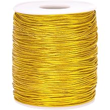 Anwyll 110Yard Gold Elastic Cord - 1MM Gold Elastic String Metallic Tinsel Stretch Cord Elastic Ribbon Braiding Rope for Ornament Craft Hair Gift Wrapping Hang Jewelry Making Bracelet Christmas Decor