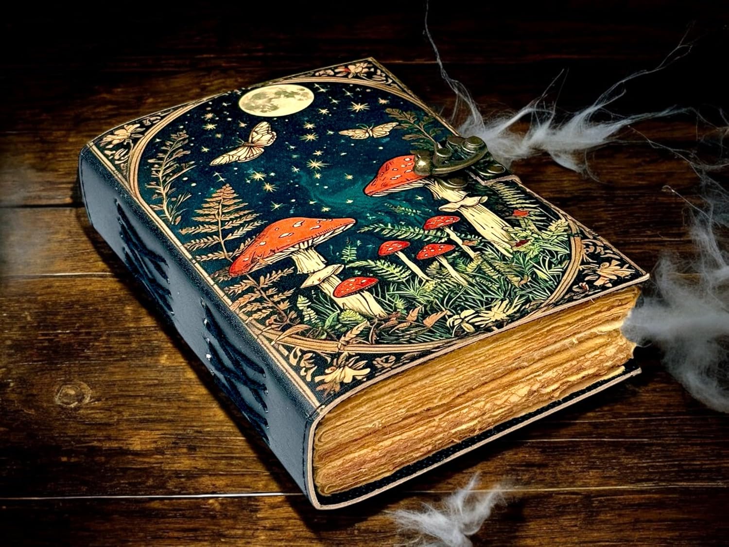 Grimoire Vintage Mushroom leather journal, Handmade Antique Deckle Edge Paper Spell Book of Shadows Celestial Witchcraft Supplies Diary, Wiccan Notebook, Mystical Gifts for Him & Her 7x5 Inch 200 Pages