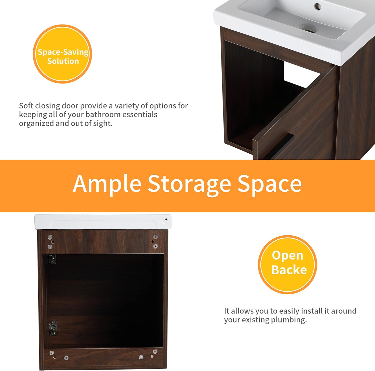 18 Inch Bathroom Vanity with Sink,Wall Mounted Bathroom Vanity Sink Combo with Soft Close Door for Small Space,Modern Floating Bathroom Vanity with Top Basin &Brown Storage Cabinet