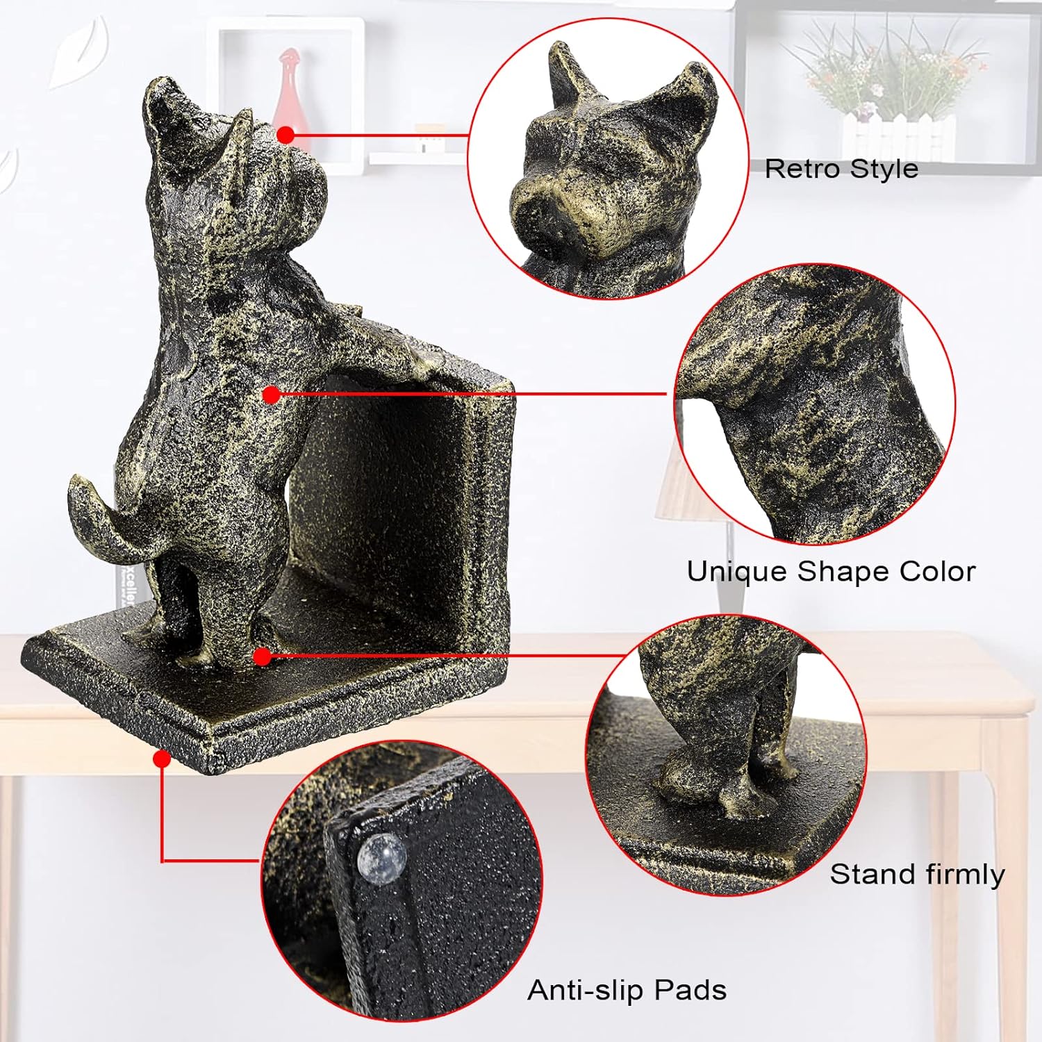 2 Pack Dog Decorative Bookends for Shelf - Cast Iron Book Ends Cute Dog Bookend Support for Home Decor, Heavy Duty Book Stands Vintage Antique Shelf Decor for Reading Enthusiasts or Dog Lovers