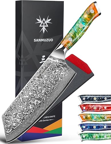 Nakiri - Cuchillo de carnicero de 7.5 pulgadas, serie Xuan, cuchillo de cocina VG10 de acero de damasco, mango de resina (naranja fantasía)