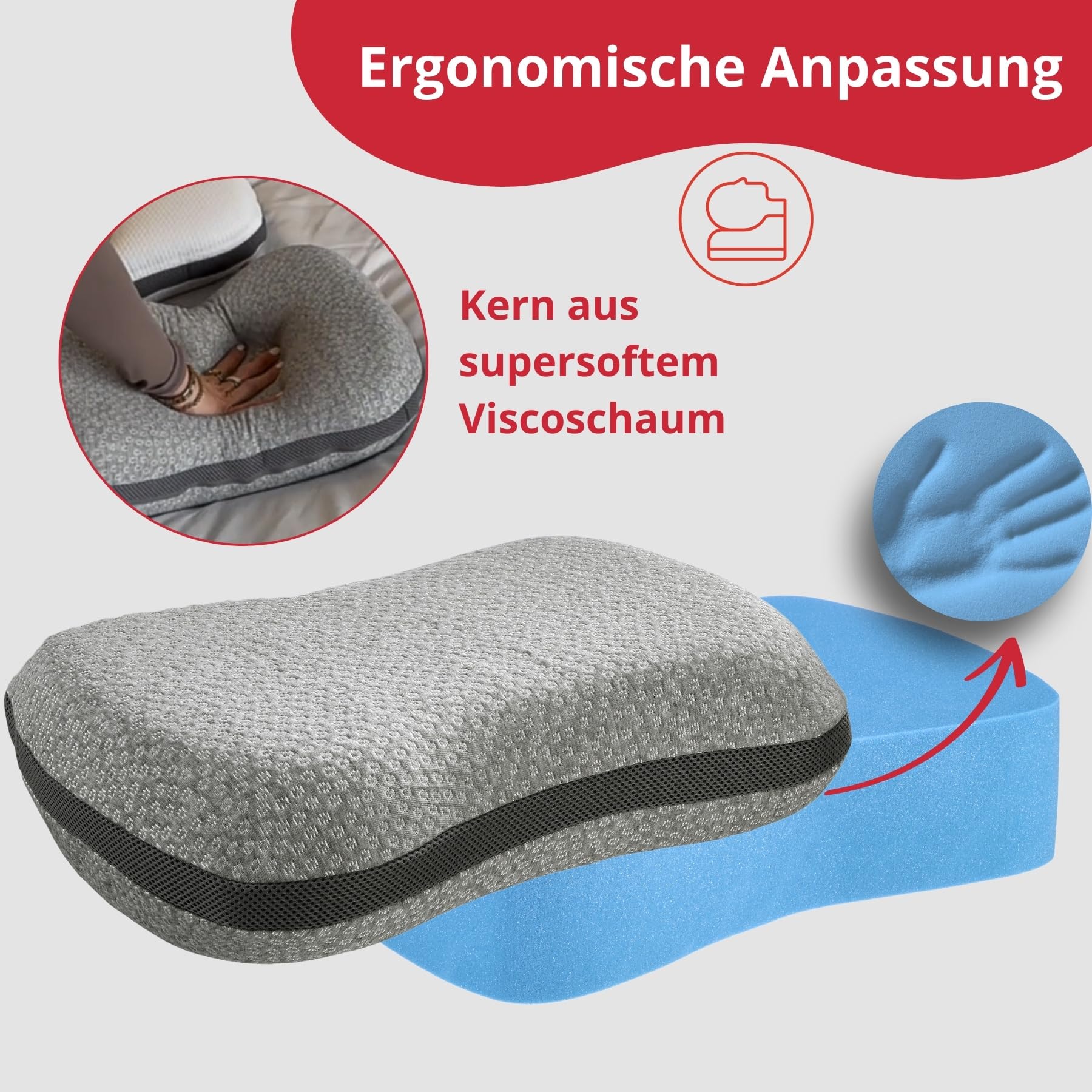 liebling Reisekissen, Campingkissen mit Tasche, Nackenkissen, Kissen für Reisen, Flugzeug, Camping, Auto, Pillow mit Travel Bag, Memory Foam Kopfkissen, Made in EU, Waschbar, Grau