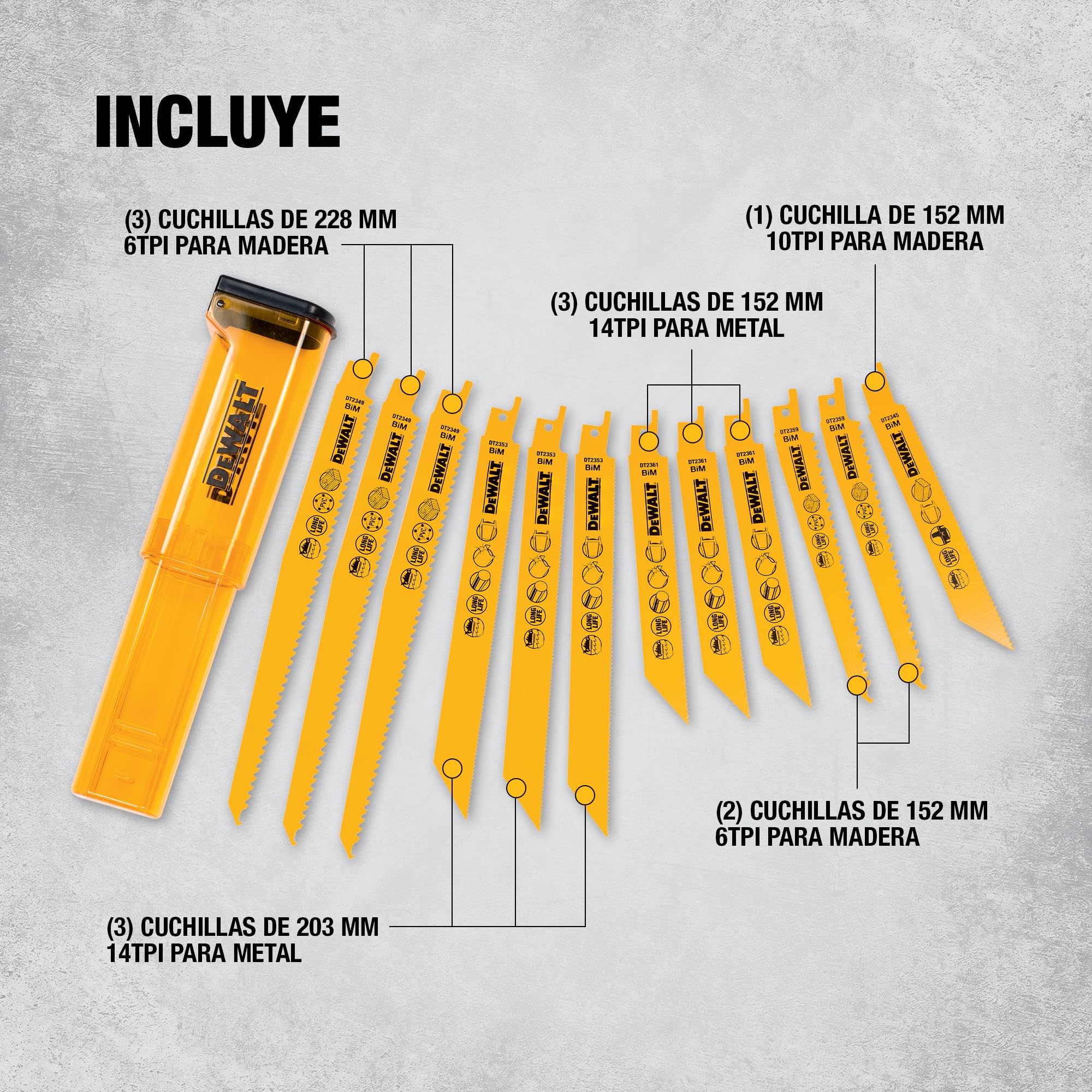 DEWALT Juego de hojas mixtas Bi-Metal para sierra reciproca con estuche para almacenamiento (12 piezas), DT2445-QZ