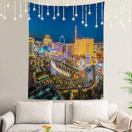 Shrahala Tapiz de pared moderno dorado con diseño de ciudad, diseño de horizonte nocturno azul, decoración grande de fibra de poliéster, dobladillo