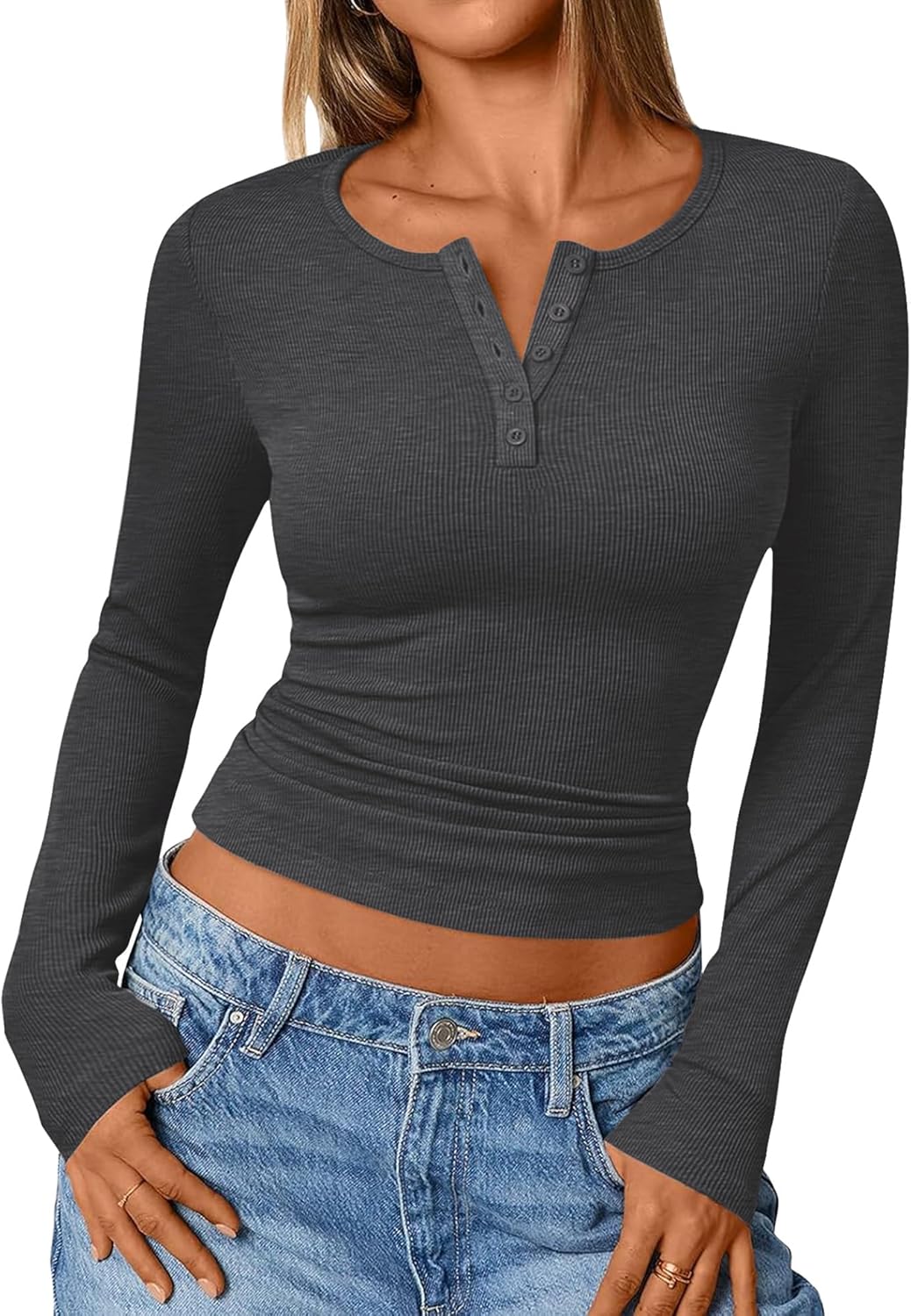 Long Sleeve Knit Tops - Women's Ribbed Henley Shirts V Neck Button Down Blouses Womens Casual Slim Fit Basic Tunic - Image 2