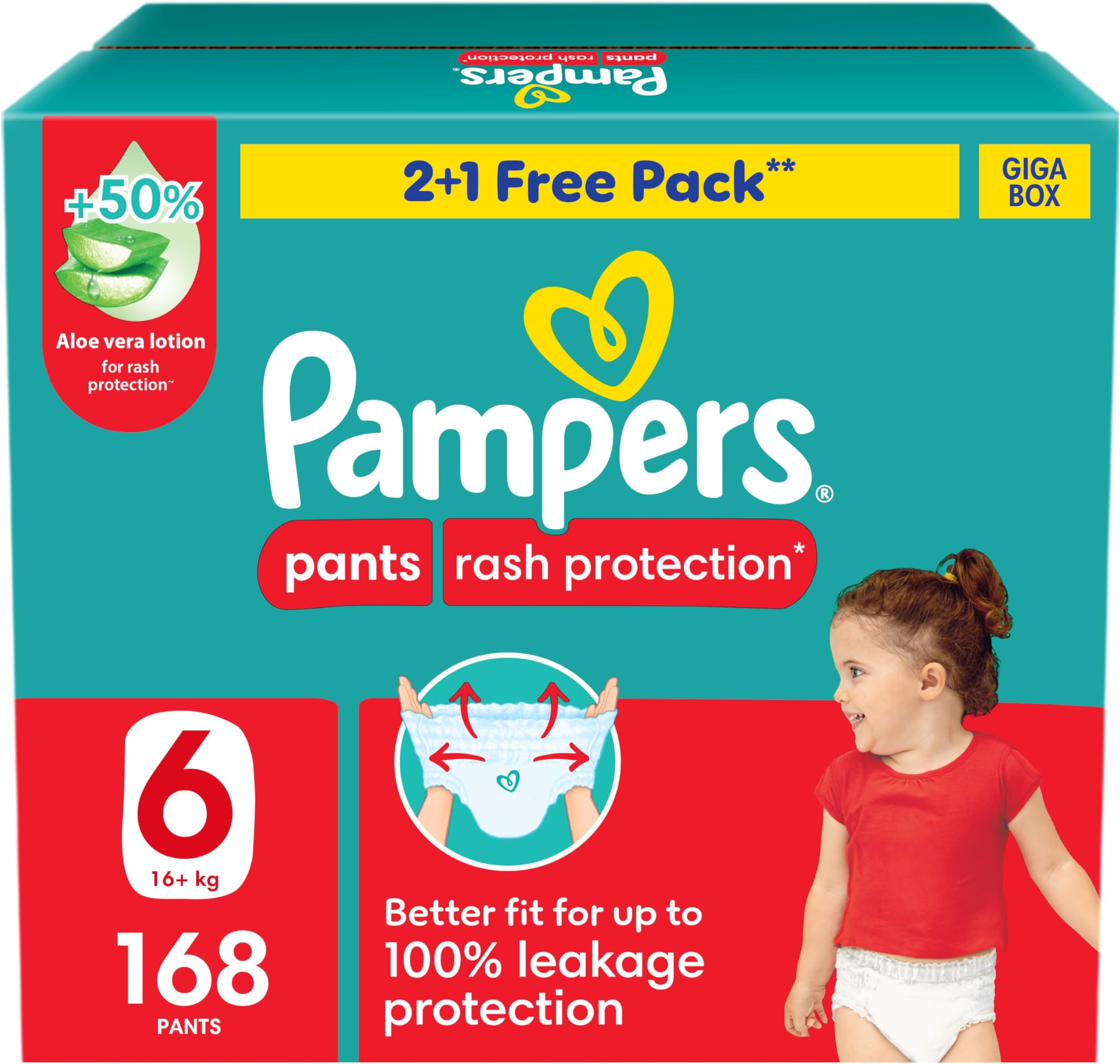 Pampers Rash Protection Pants Diapers, Size 6, 16+kg, +50% Aloe Vera Lotion, 360° Leak-Free Fit for up to 100% Leakage Protection, Giga Box, 168 Count