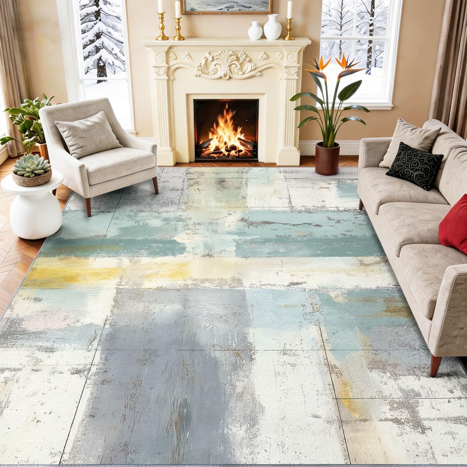 Tapis de salon 160x230 cm gris-vert abstrait lavable