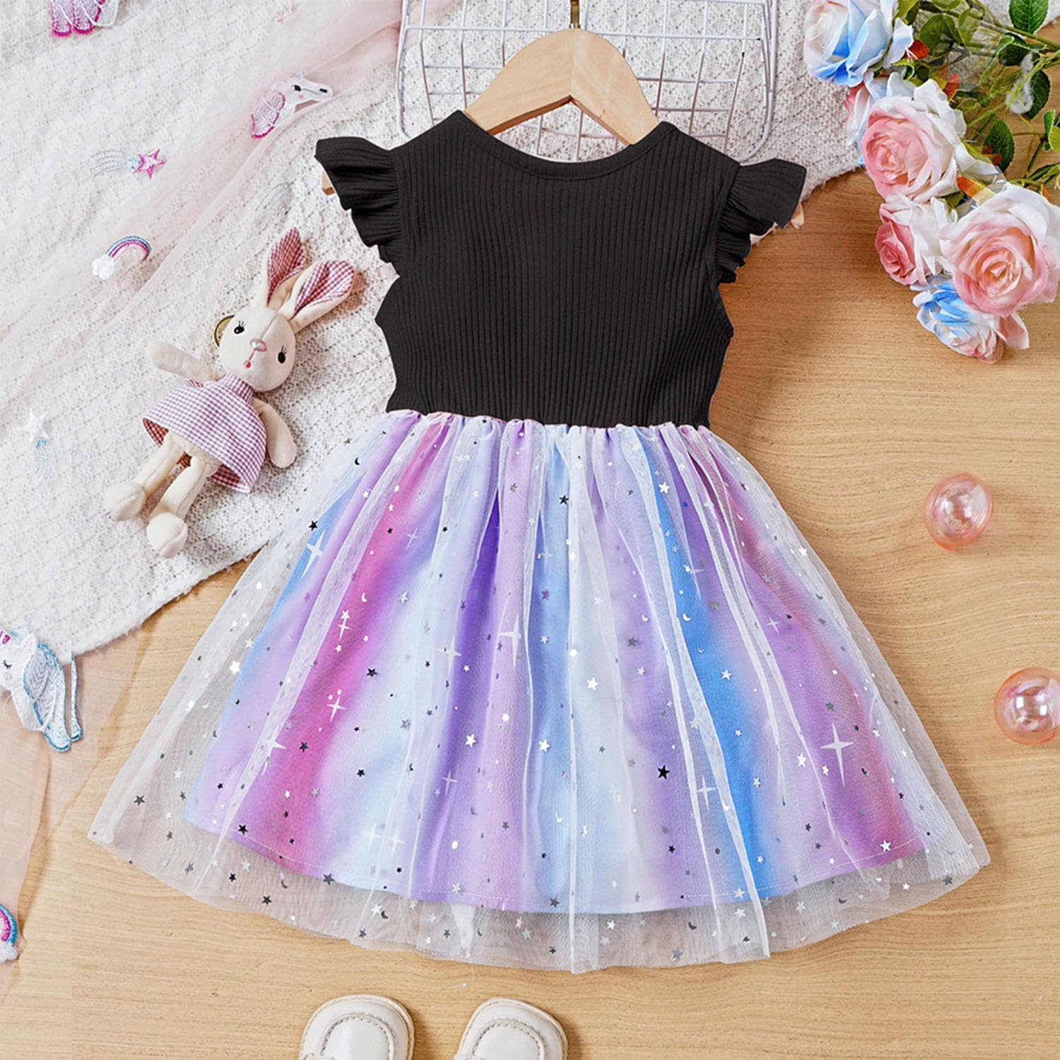 Girls Princess Dress 2-6T Flower Black Tulle Layered Skirt - Toddler Party Dress with Flutter Sleeves - Image 3