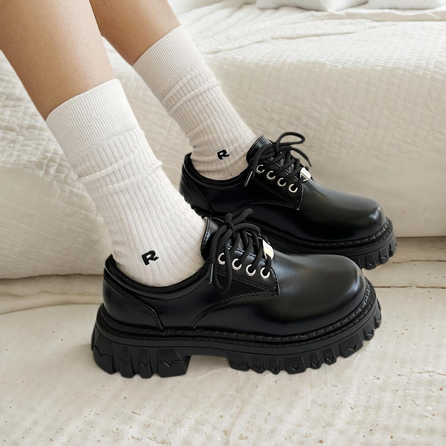 Women's Leather Chunky Platform Goth Oxford Shoes with Metal Decor Simple Big Wide Toe Comfort Non-Slip Lug Sole Lace-up Punk Work Dress Shoes - Image 2