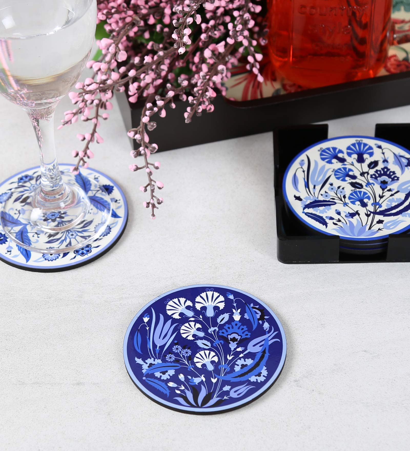 Blue Iznik Round Wooden Coaster Set of 6 with Holder | MDF Wood Drink Coasters for Tea, Coffee, Cups, Mugs | Decorative Tabletop Accessories for Home & Office-image-11