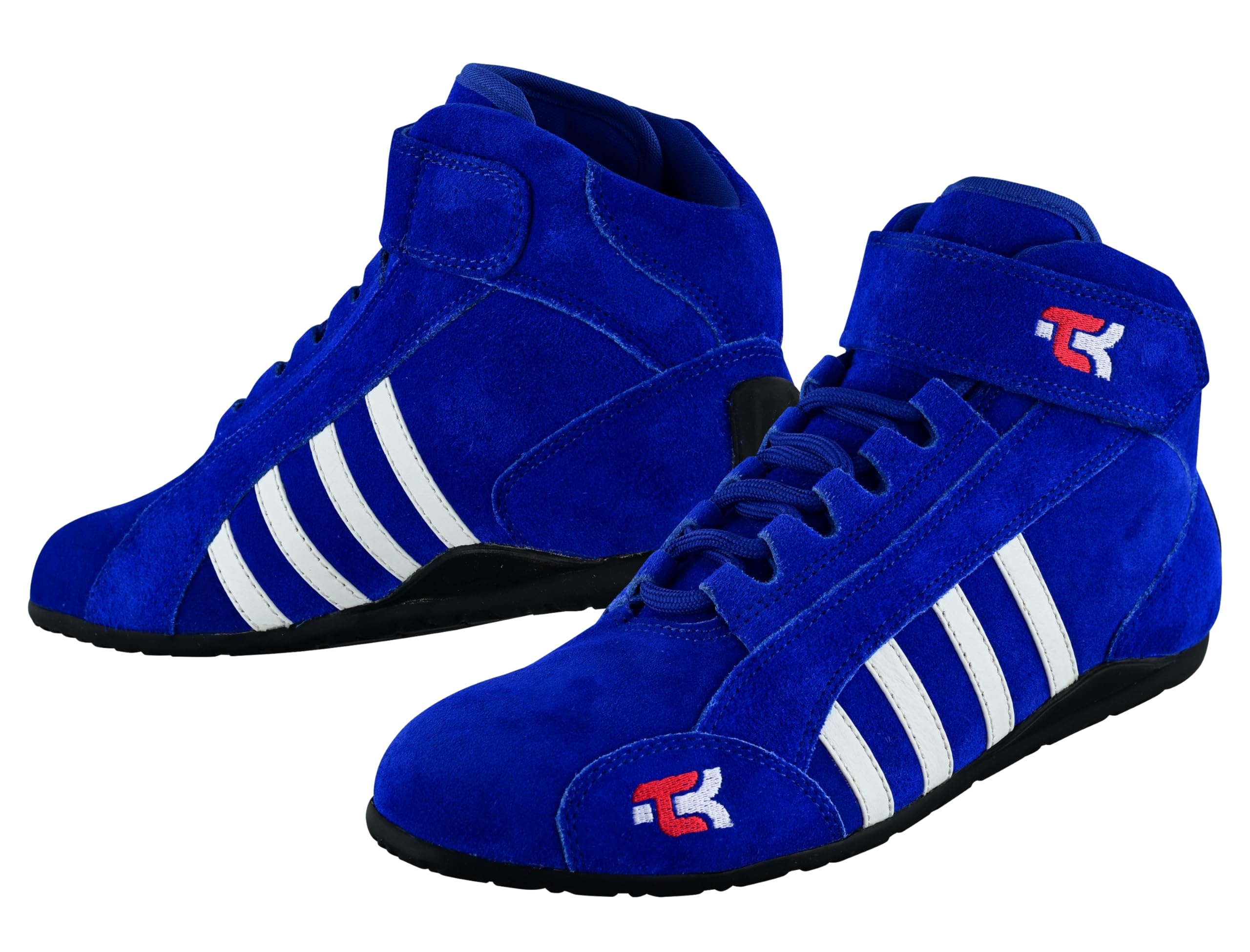 TK Bottes de karting pour enfants avec semelle haute adhérence, coupe moyenne avec sangle, chaussures de course Go Kart en cuir pur, noir, rouge, bleu