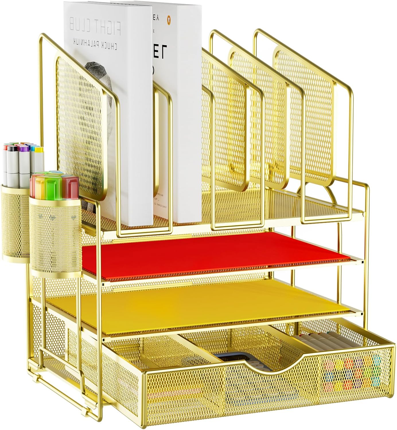 Marbrasse Gold Desk Organizer, 4Tier Mesh Desk File Organizer with 5