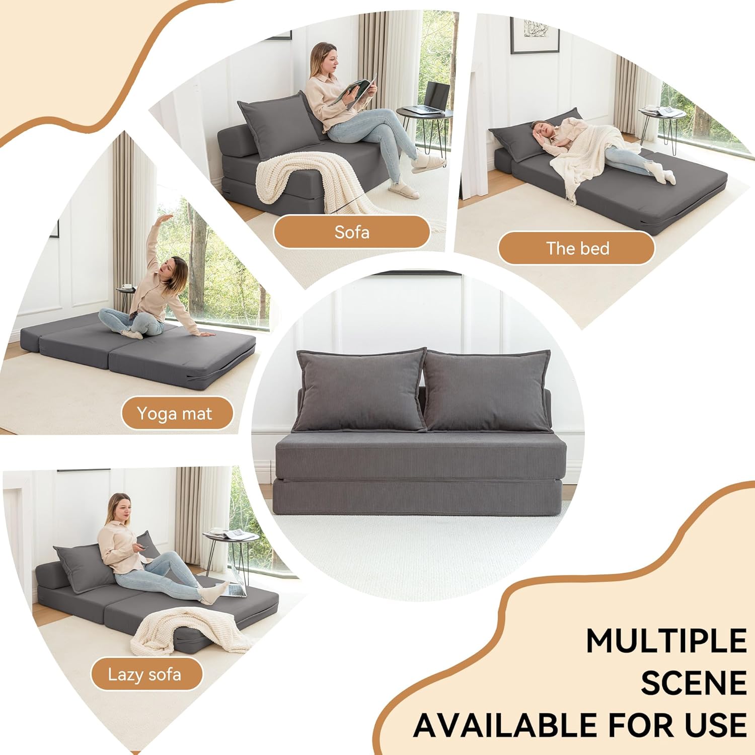 47.6'' Folding Sofa Bed, 4 in 1 Convertible Sleeper Chair with 2 Pillows, Corduroy Boneless Couch Lazy Floor Bed High-Density Foam Pull Out Loveseat Couch for Living Room, Lounge, Grey