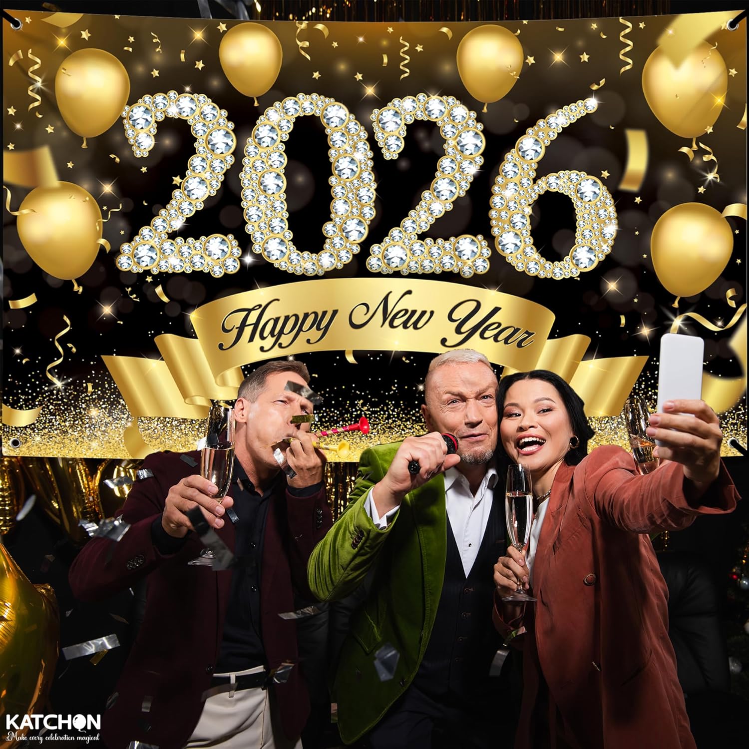 Katchon, Xtralarge Happy New Year Banner - 72x44 Inch | Happy New Year 2026 Banner for New Years Decorations 2026 | New Years Backdrop for New Years Eve Party Supplies 2026 | NYE Decorations 2026 - Image 4
