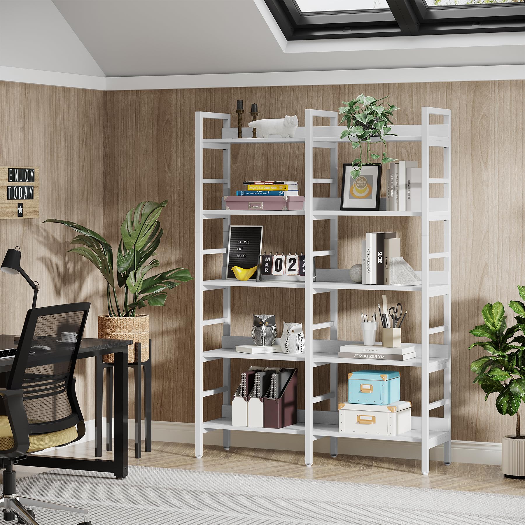 Tribesigns Estantería Industrial de 5 Niveles, 71"H x 47"W Estantería Étagère, Estantería de Libros Independiente Doble Ancha para Almacenamiento y Exhibición, Estanterías de Madera y Metal para Sala