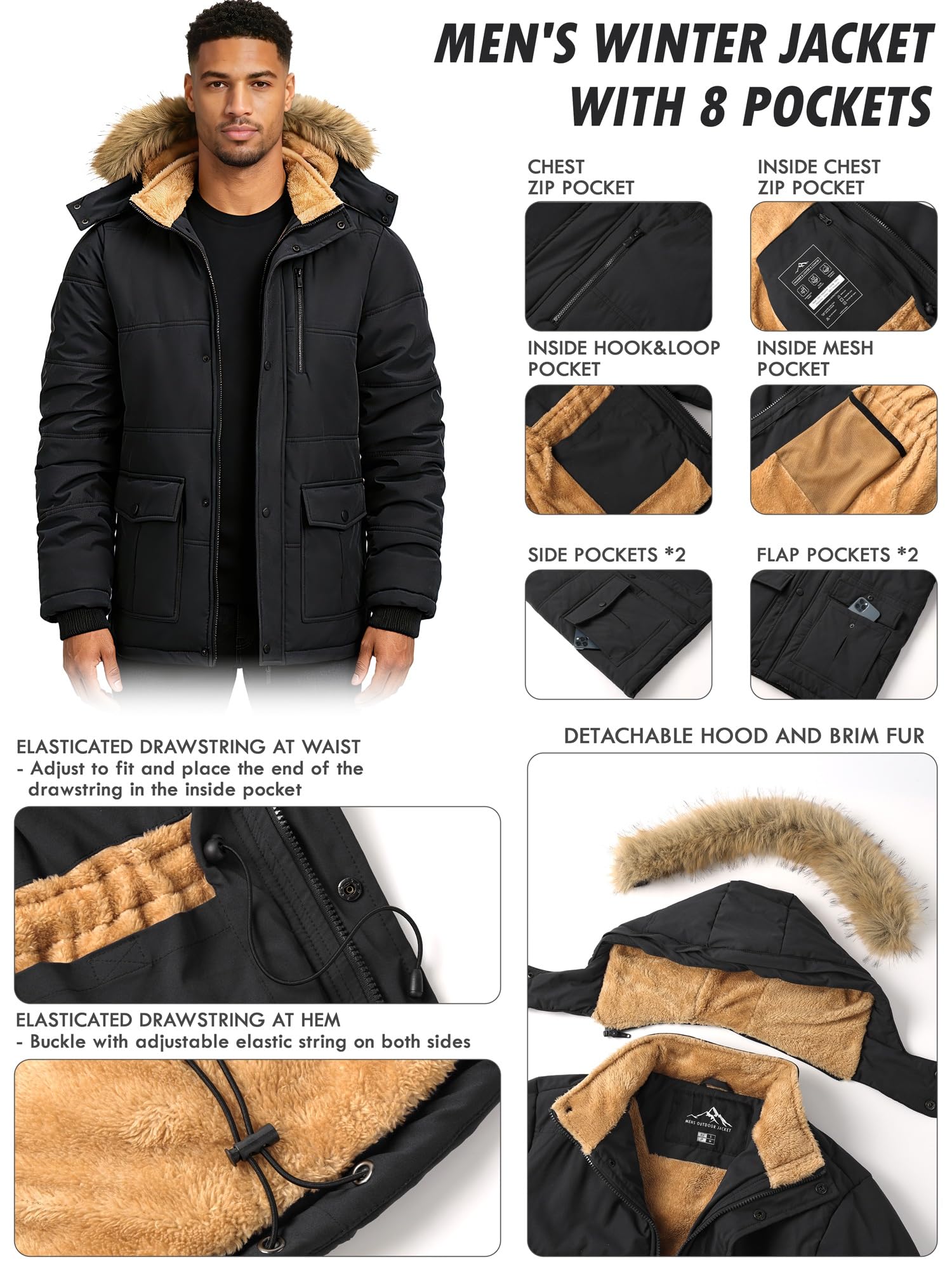 Herren Fleece Winterjacke Übergangsjacke Arbeitsjacke Parka | Gefüttert, Abnehmbare Kapuze, Verstellbare Zugbänder Taille & Saum, Mehrere Praktische Taschen, ohne Überflüssige Lederlabels